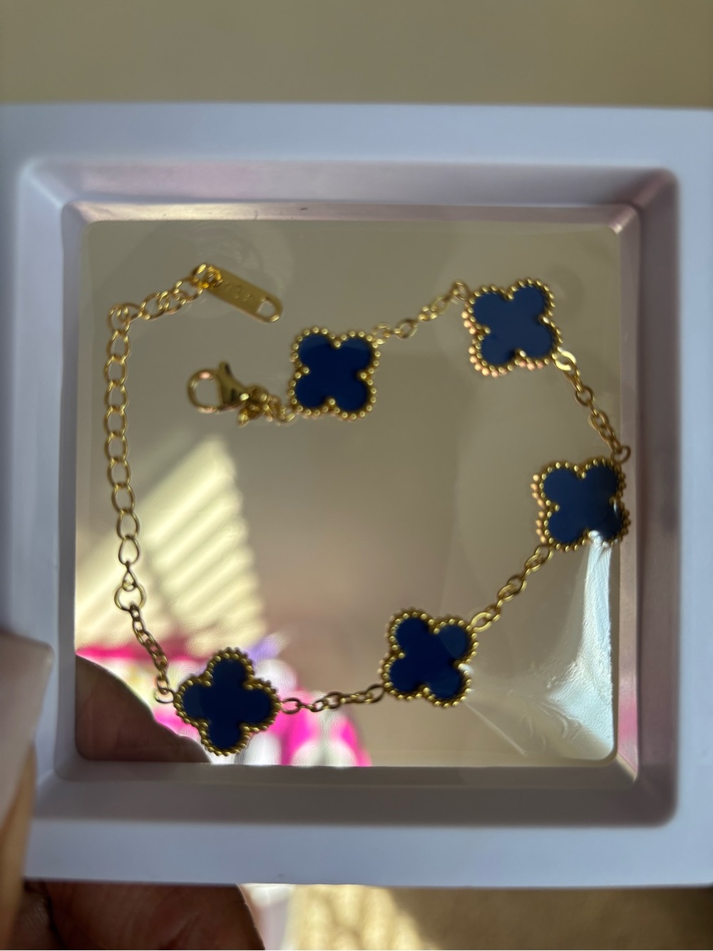 18K Gold Filled Stainless Steel Gold-Tone Bracelet with Navy Blue Clover Accents